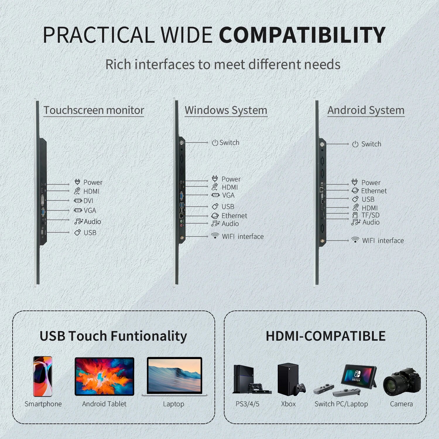 TouchWo 21.5-27 inch industrial all-in-one touchscreen computer by R.E.D. Shopping with Android and Windows 10 operating systems.