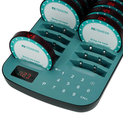 RETEKESS TD167A wireless restaurant calling system coaster pager for food trucks, cafés, and hotels, with buzzer alert.