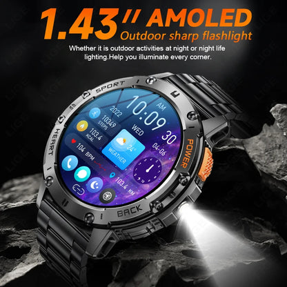 AMOLED Smart Watch for Men – Flashlight, Sports, Waterproof, Bluetooth Call + Box