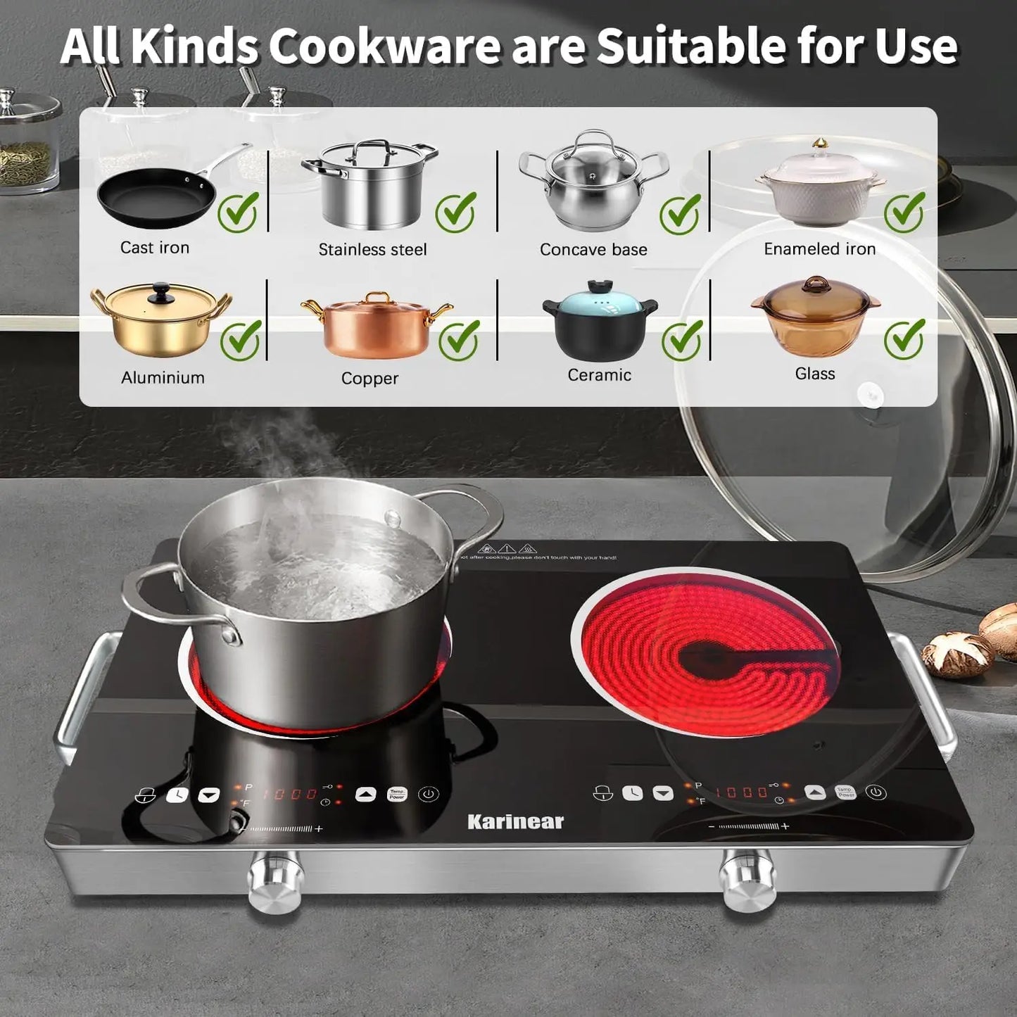 Karinear Ceramic Hob 2 Zones 3200W | Safety Lock, Knob & Touch Control, 56cm Countertop, 240V