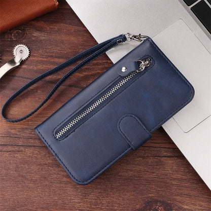 Leather iPhone 16 Plus zipper wallet case with card slots and magnetic stand, offering protection and convenience.
