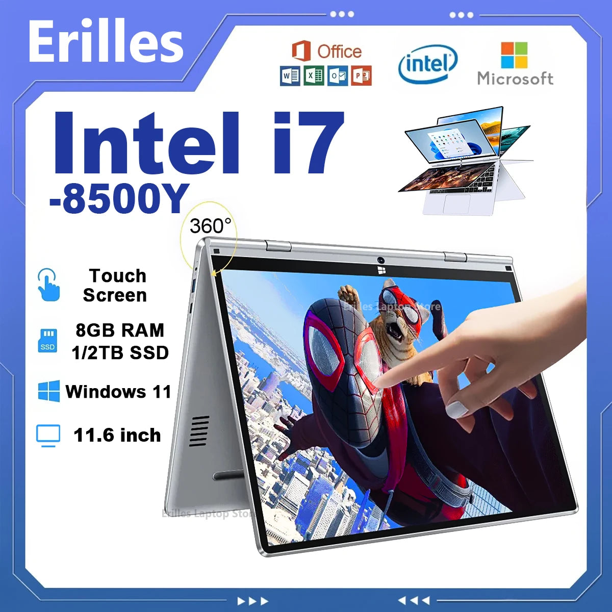 2-in-1 Laptop 11.6" Touch Screen – Intel Core i7-8500Y, 8GB RAM, 1TB/2TB SSD, Windows 11, 360° Flip