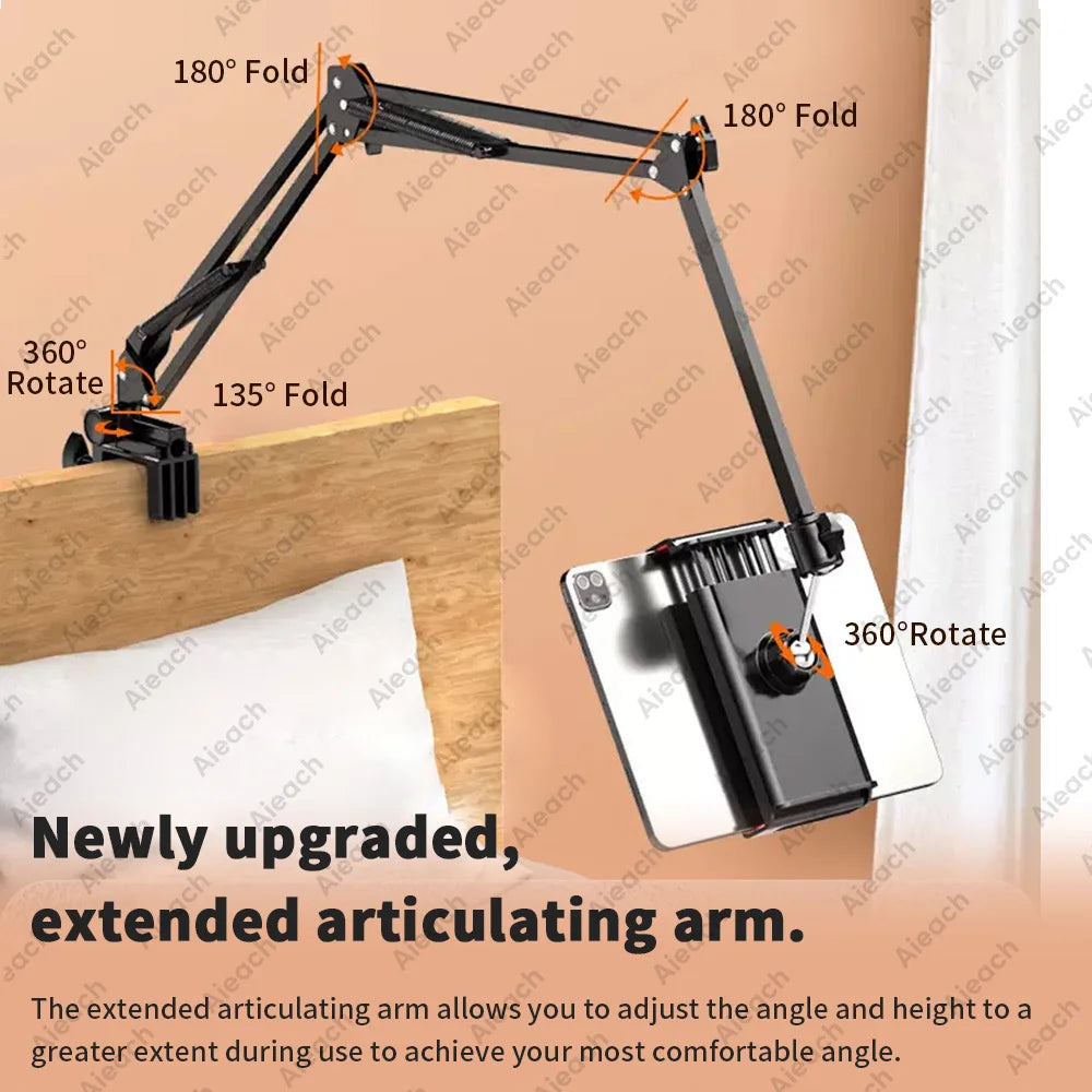 AIEACH 360° Rotating Bed Tablet Stand – 90cm Metal Arm, Fits 4.7–12.9" Phones & Tablets