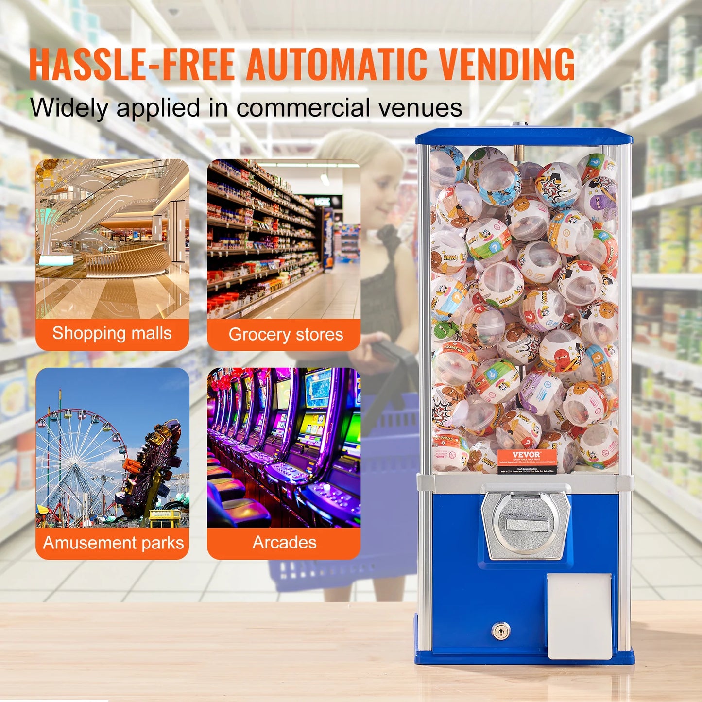 VEVOR 25-inch Gumball Machine | 230 Capsule Toys, Coin Operated, Blue Rectangle, Kids & Game Stores