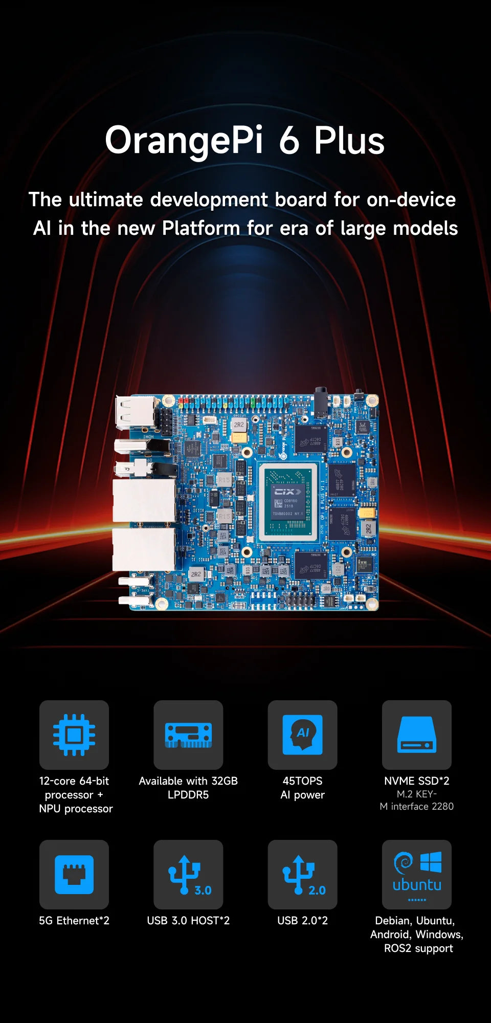 Orange Pi 6 Plus 32GB – Single Board Mini PC, DDR5, 45TOPS NPU, M.2 NVMe