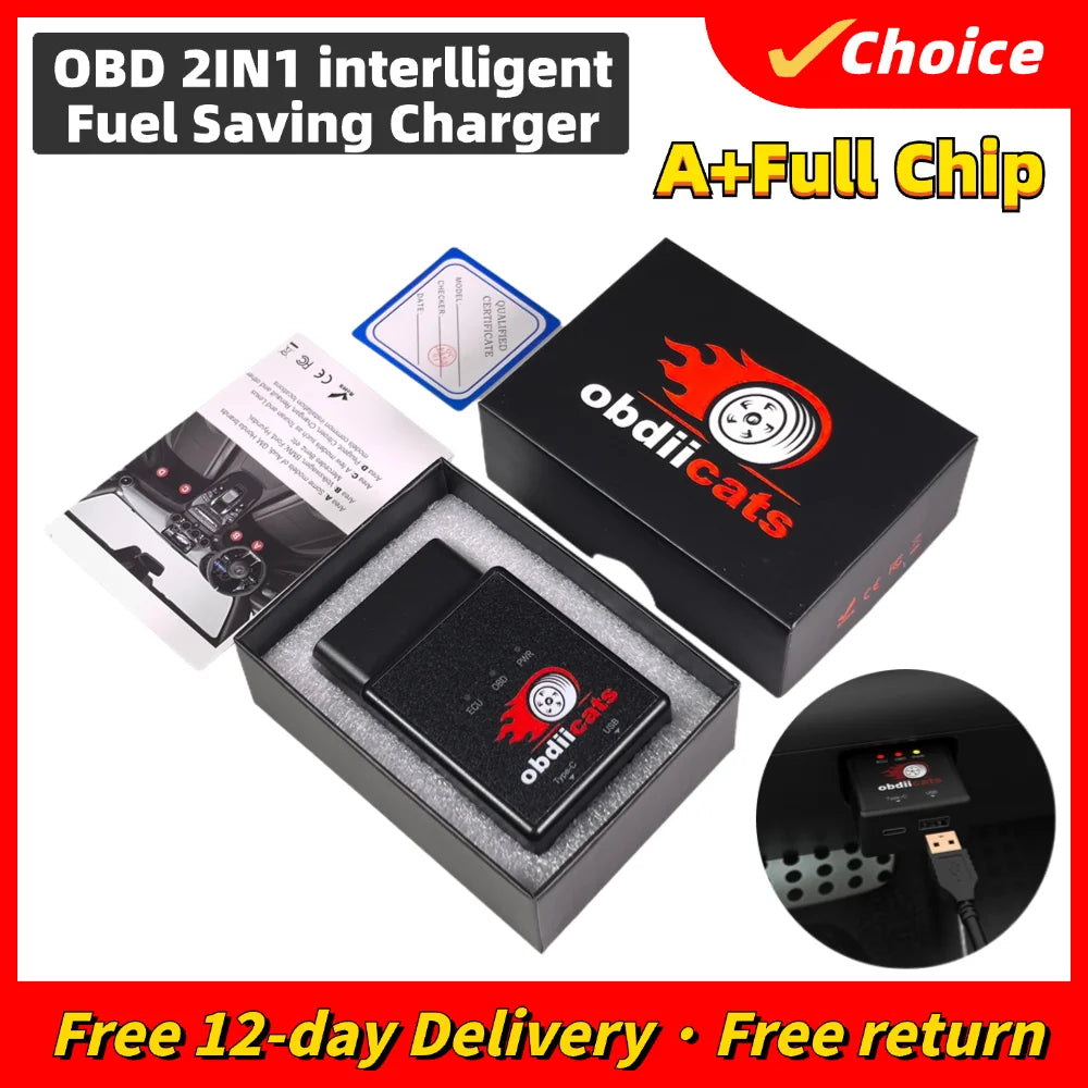 OBD2 Fuel Saving Chip Tuning Box | 2-in-1 Fast Charger & Power Booster for Petrol & Diesel Cars