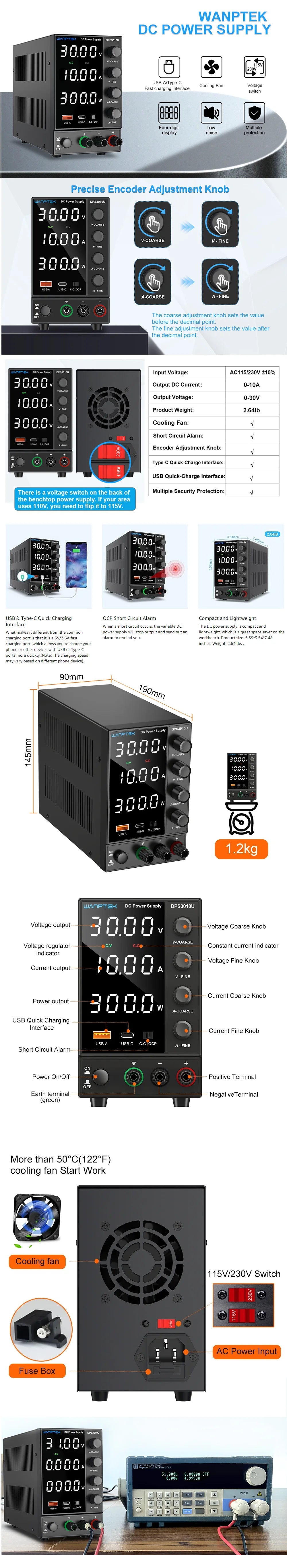 Wanptek Adjustable DC Lab Bench Power Supply – 30V/10A, 60V/5A, 120V/3A