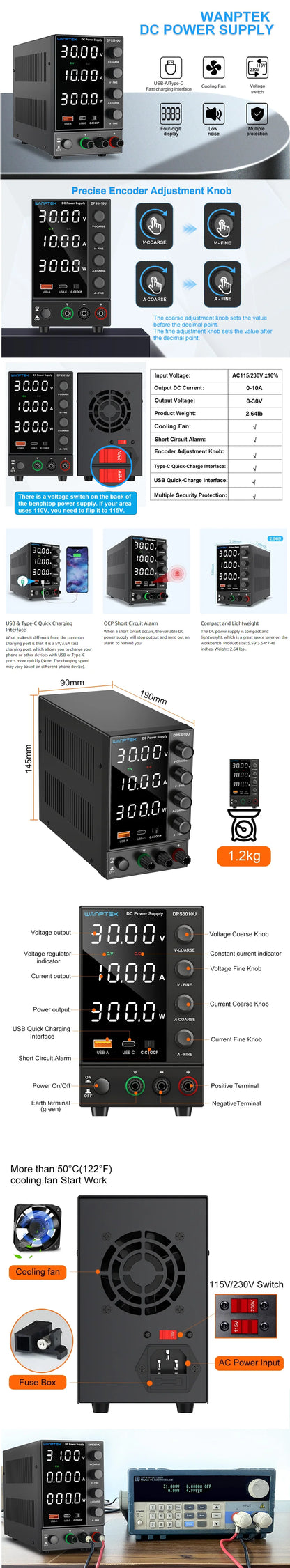 Wanptek Adjustable DC Lab Bench Power Supply – 30V/10A, 60V/5A, 120V/3A