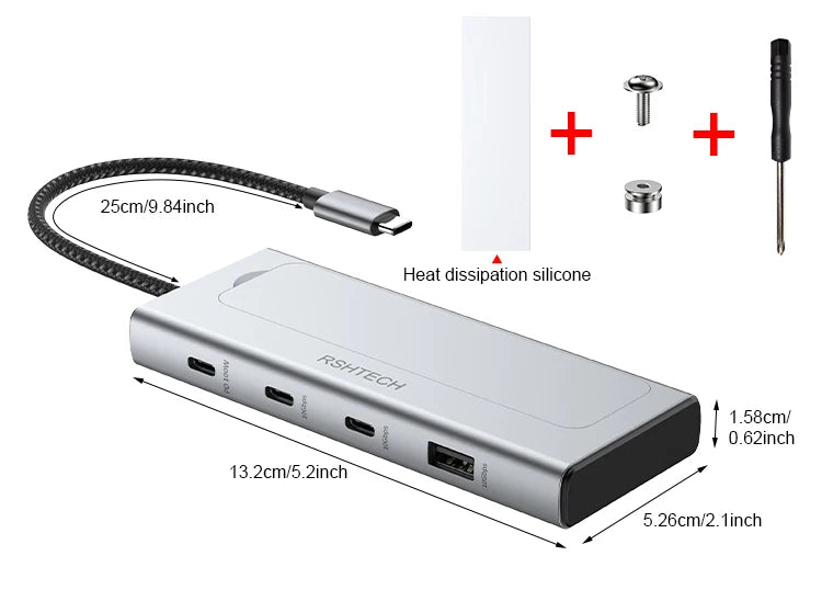RSHTECH USB-C Hub 5-in-1 with M.2 NVMe/SATA SSD Enclosure – 10Gbps, PD100W, for Laptops (RSH-D05P)