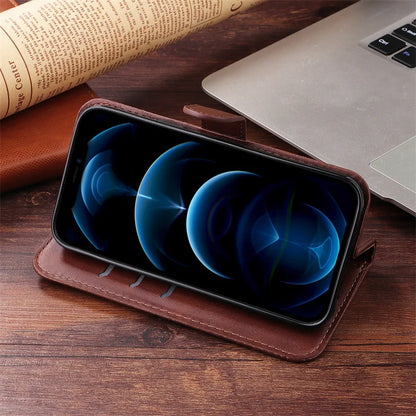 Leather iPhone 16 Plus zipper wallet case with card slots and magnetic stand, offering stylish protection and convenient functionality.