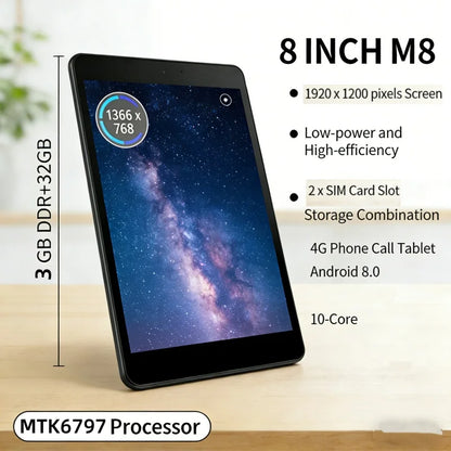 Glavey 8" 4G Phone Call Tablet – Android 8.0, MTK6797 10-Core, 3GB+32GB, Dual SIM, 5500mAh