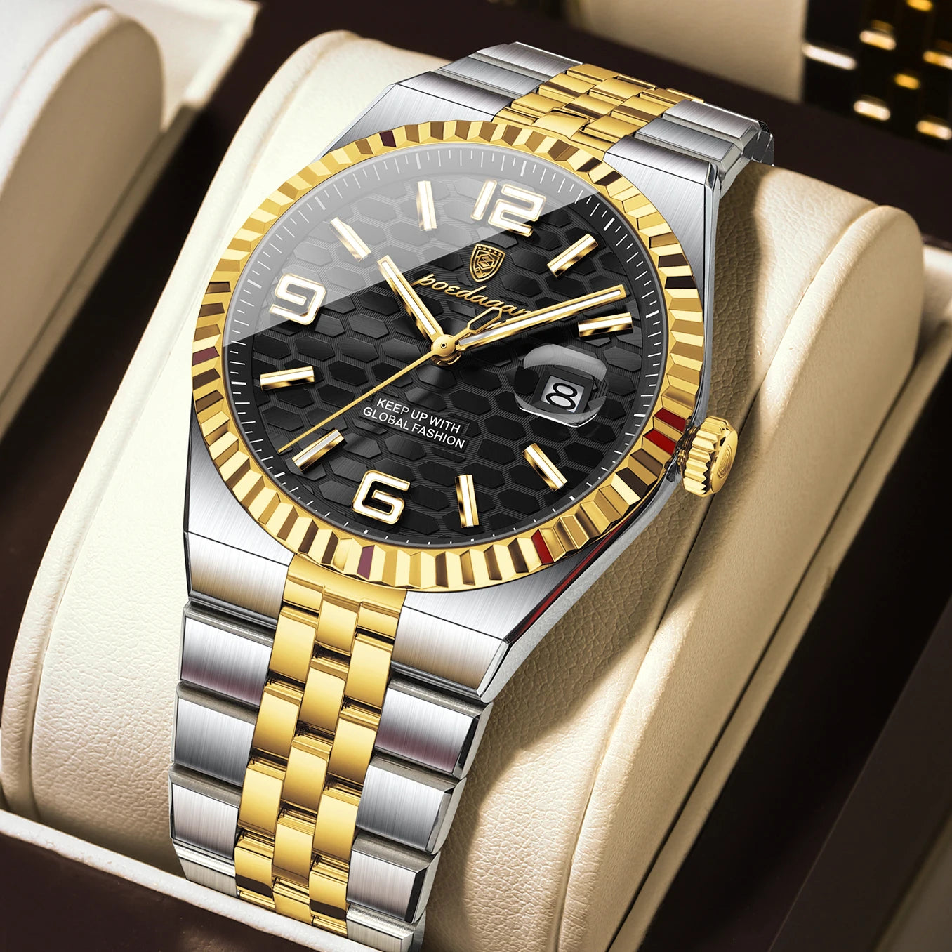 POEDAGAR Men's Luxury Watch – Stainless Steel, Waterproof, Luminous, Date Display, With Box
