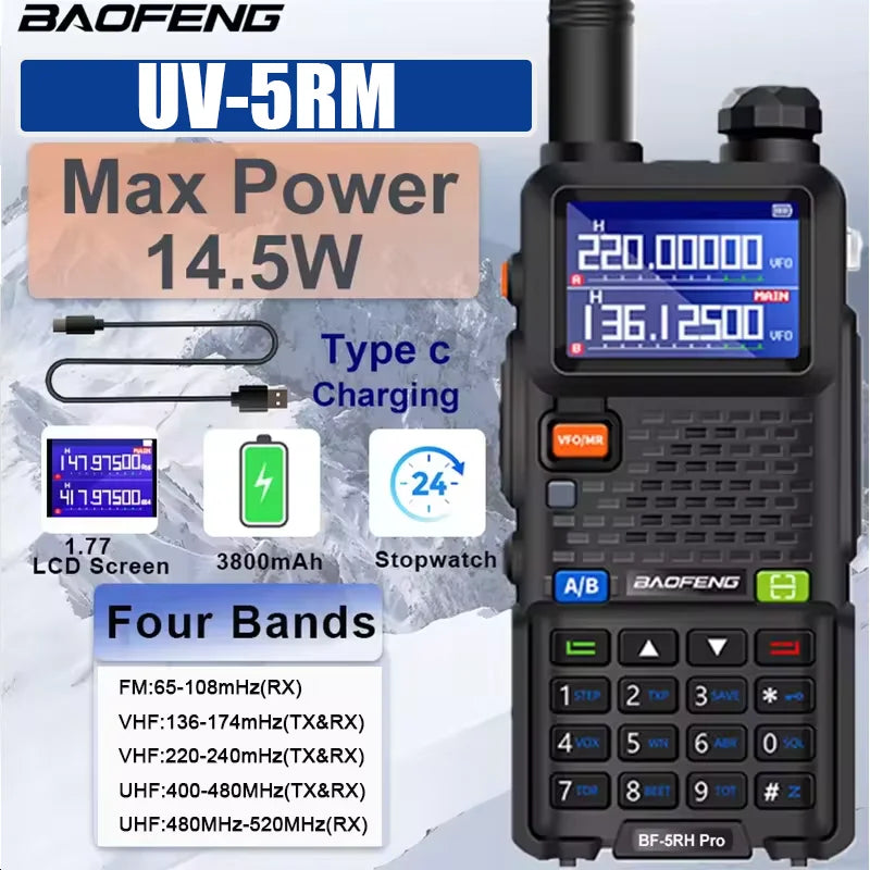 Baofeng UV-5RM walkie talkie with four-band radio, large 3800mAh battery, compact electronics two-way radio in black
