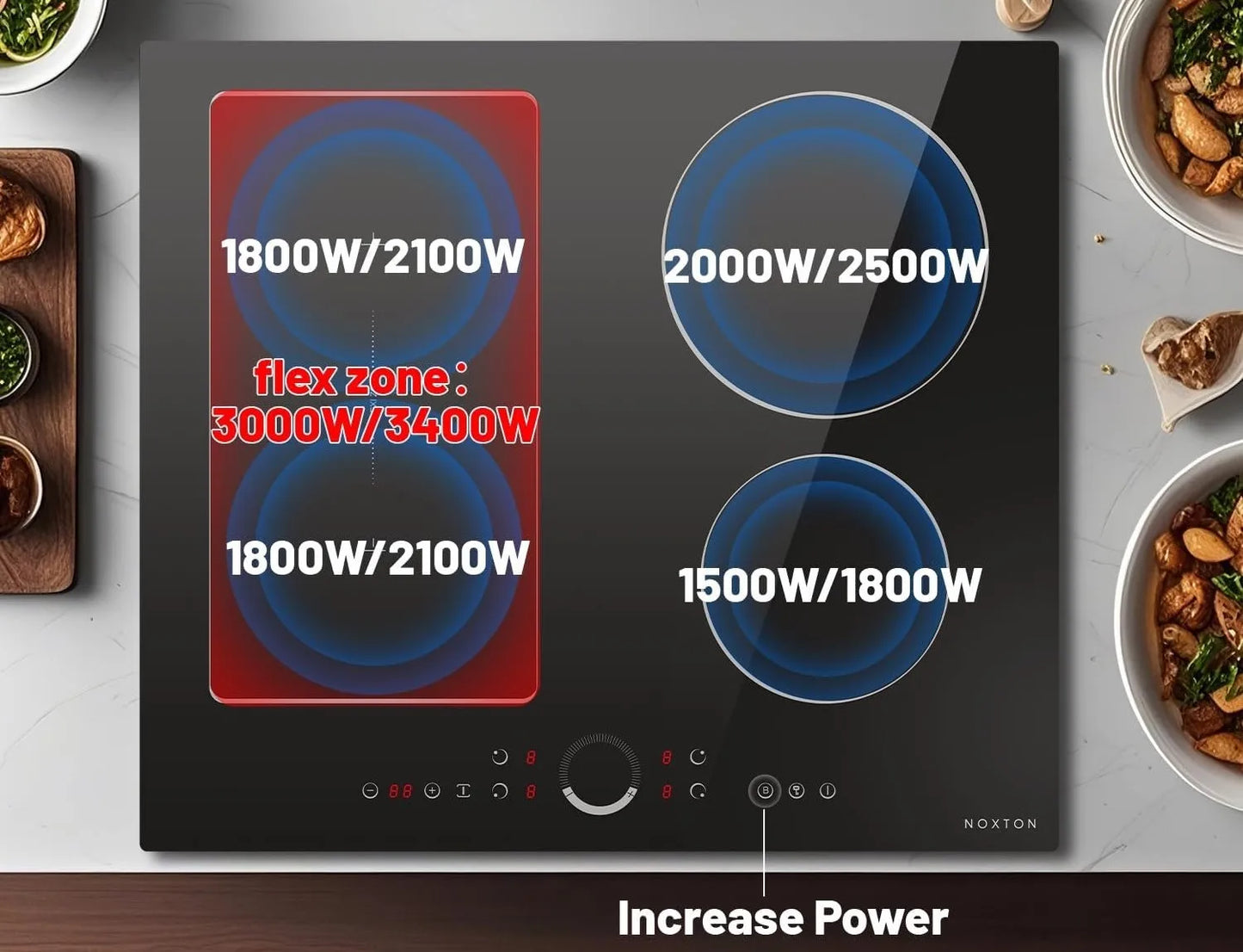 NOXTON 24" Induction Hob | 4 Burners + Flex Zone | 7200W | Power Boost | 230V