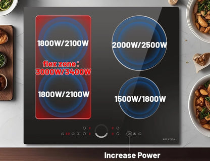 NOXTON 24" Induction Hob | 4 Burners + Flex Zone | 7200W | Power Boost | 230V