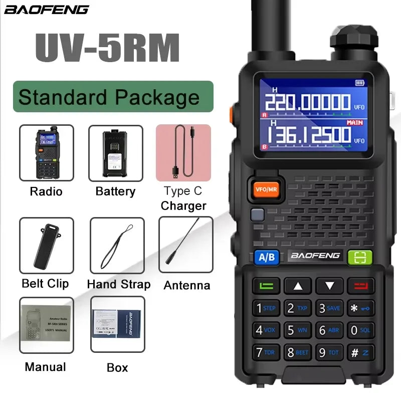 Baofeng UV-5RM walkie talkie with four-band radio, 999 channels, and 3800mAh battery, ideal for outdoor communication.