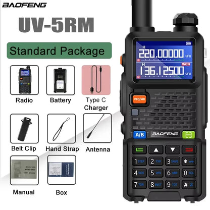 Baofeng UV-5RM walkie talkie with four-band radio, 999 channels, and 3800mAh battery, ideal for outdoor communication.