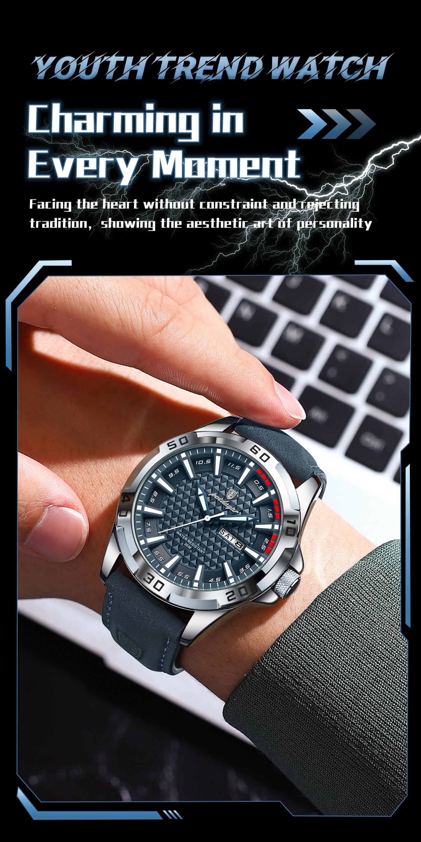 POEDAGAR Men's Luxury Wristwatch – Waterproof, Luminous, Date & Week Display, Quartz Sport Leather