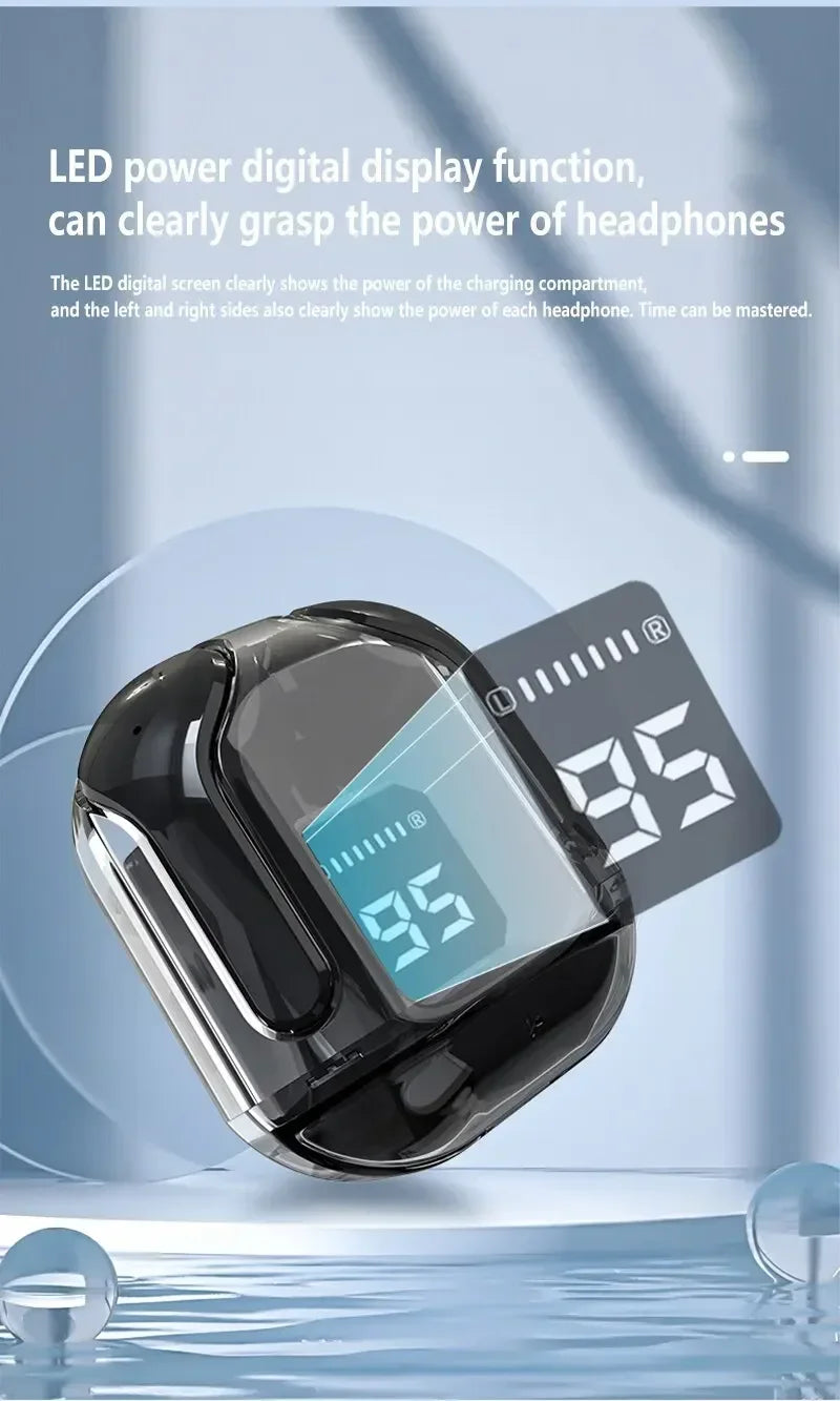 R.E.D. Shopping T2 Wireless Bluetooth Earphones with transparent design, LED display, and 24-hour battery life.