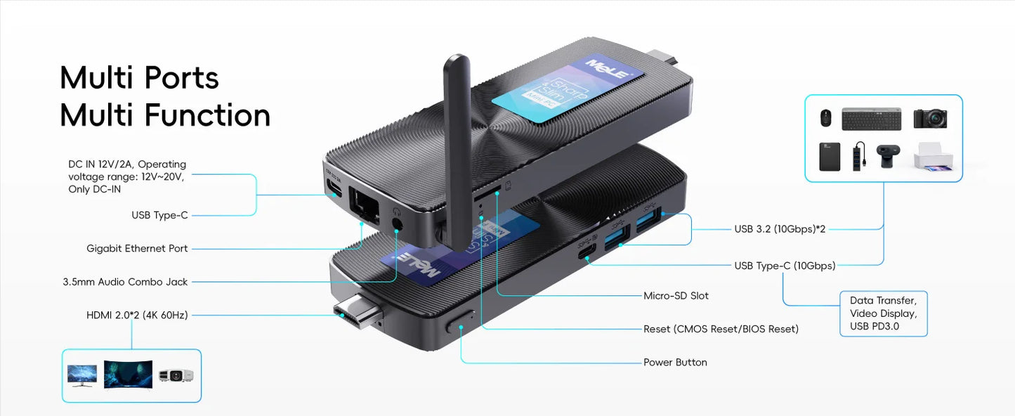 MeLE PCG02 Mini PC Stick – Intel N100, 8GB LPDDR4x, 256GB SSD, 4K HDMI, PXE, Windows 11