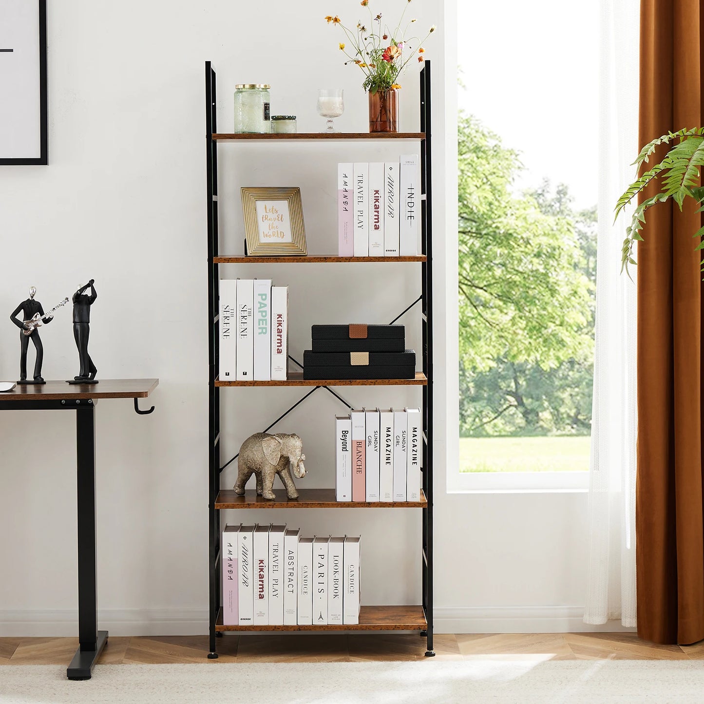 JHK 5-Tier Bookcase Bookshelf | Metal Frame Storage Organizer