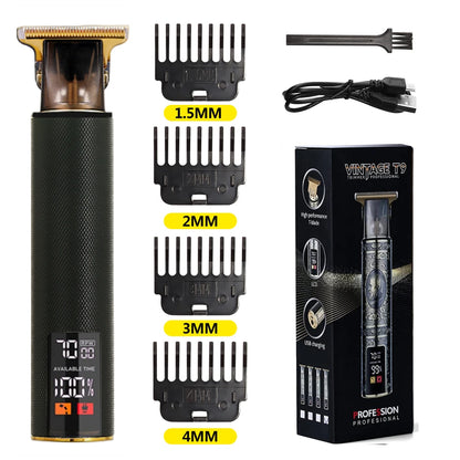 R.E.D. Shopping T9 LCD electric hair clipper with oil head precision trimmer for men, featuring a sleek design and adjustable blades.