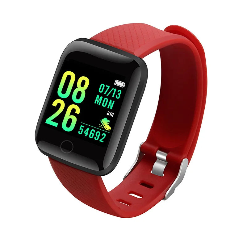 Black R.E.D. Shopping smartwatch displaying message notifications and fitness stats on a digital screen, worn on a wrist.