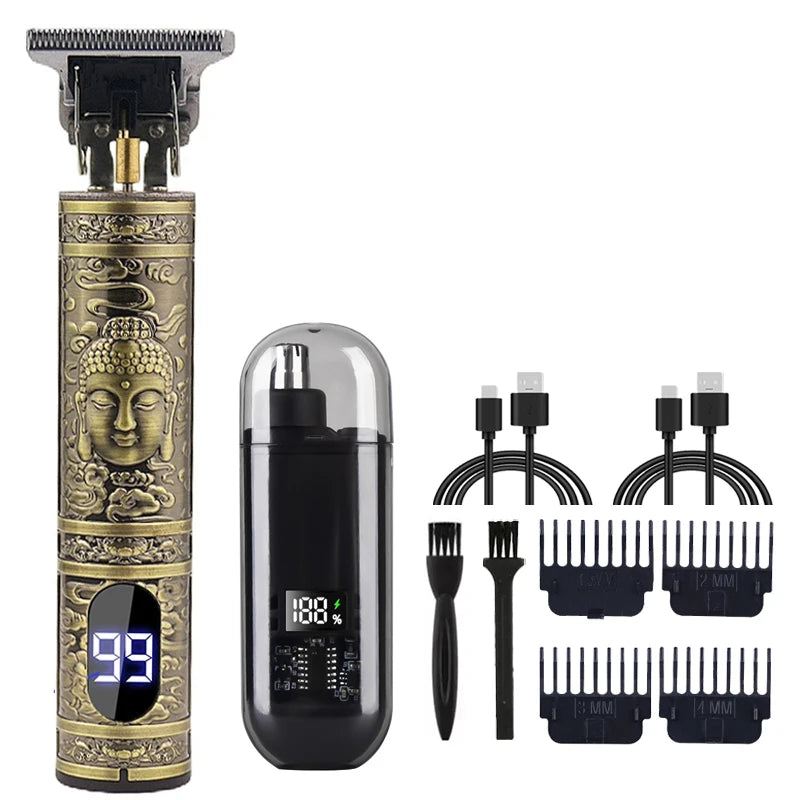 R.E.D. men's grooming set with nose and ear hair trimmer and T9 hair clipper, USB rechargeable, on a white background.