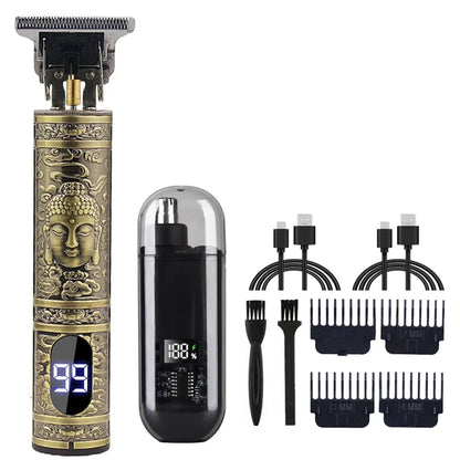 R.E.D. men's grooming set with nose and ear hair trimmer and T9 hair clipper, USB rechargeable, on a white background.