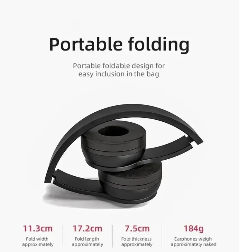 Wireless Bluetooth 5.0 foldable headset with head-mounted design, showing headphones with ear cups and controls for portable audio use.