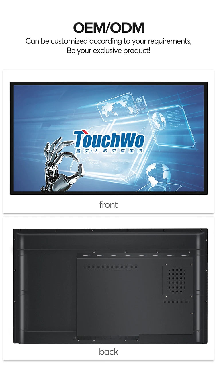 TouchWo interactive whiteboard display showing a colorful digital interface on a 32-65 inch smart touch monitor by R.E.D. Shopping
