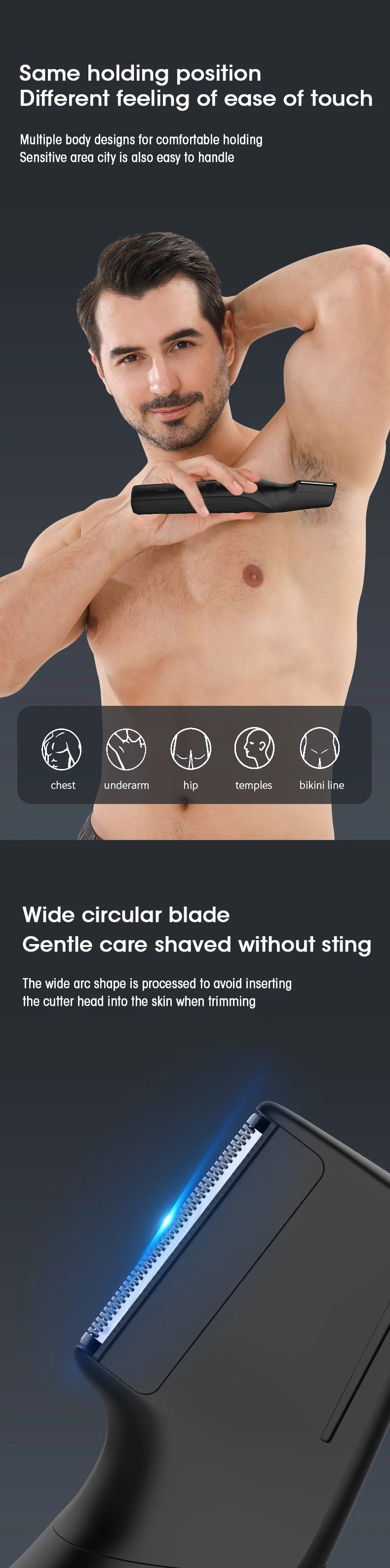 Body Hair Trimmer for Men | Groin & Pubic | Wet/Dry | V-Shaped Head | 2 Comb Attachments
