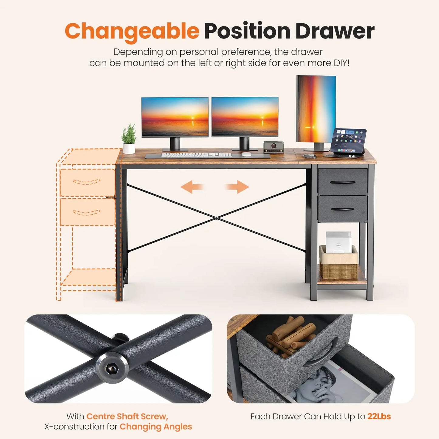 JHK Computer Desk with 2 Fabric Drawers | 40" & 47" Reversible Storage