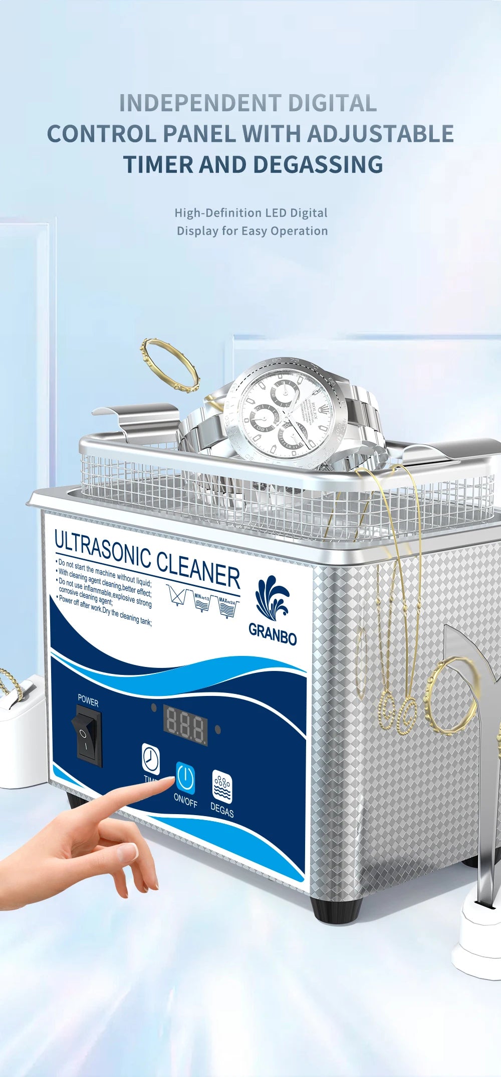 800ml Ultrasonic Cleaner 60W | EU Plug | Degas | 110V-220V | Watches & Jewelry