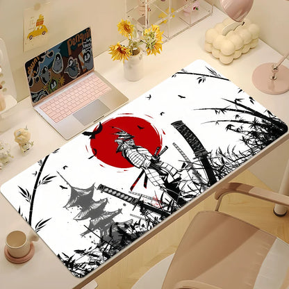 Large Japan Samurai Fantasy Mask mouse pad with non-slip backing, featuring detailed samurai mask design for gaming and computer desk use.