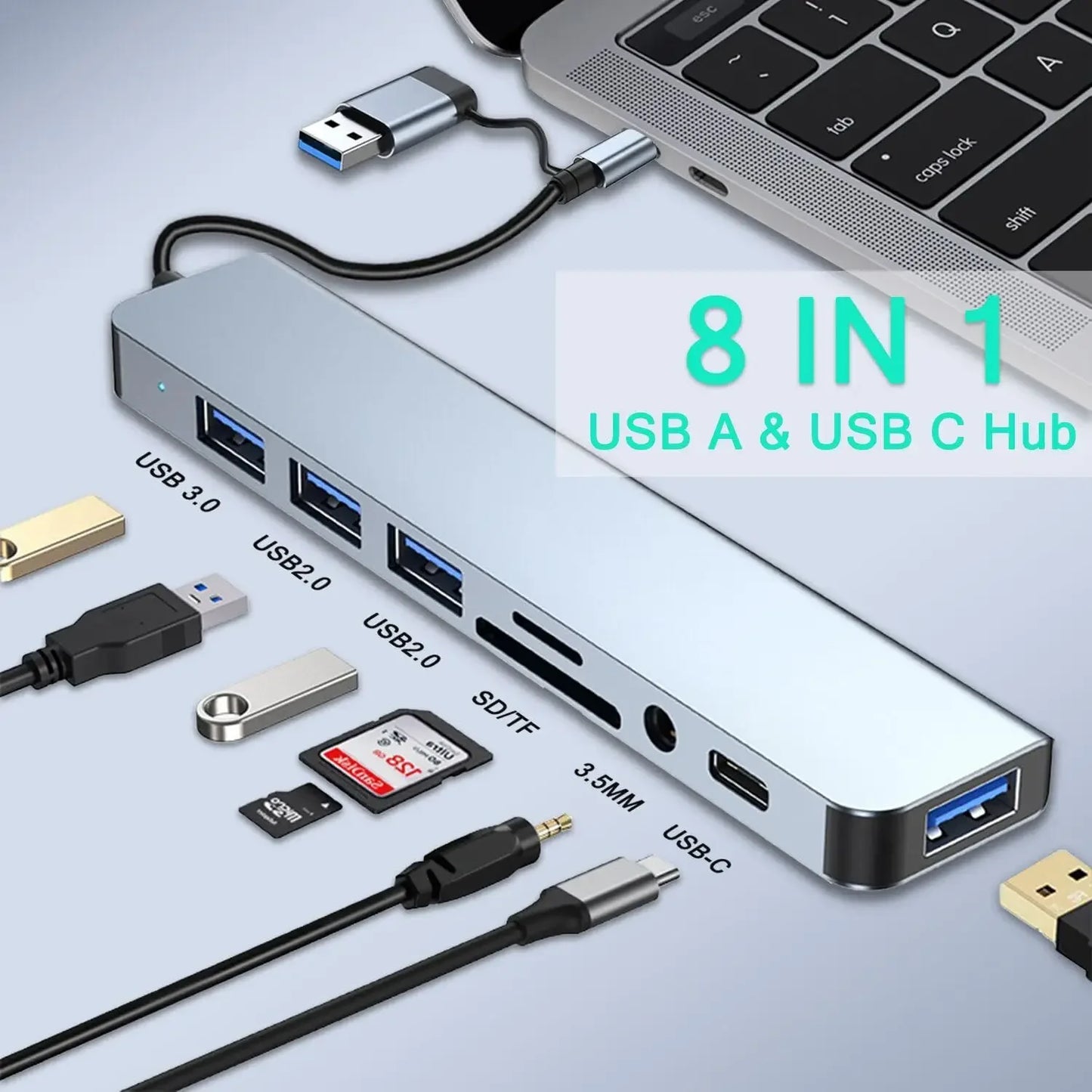 USB-C Hub 8 in 1 – HDMI, SD/TF Card Reader, RJ45, 3.5mm Aux, USB 3.1 for MacBook, Laptop, Tablet