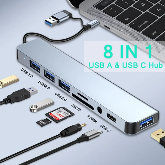 USB-C Hub 8 in 1 – HDMI, SD/TF Card Reader, RJ45, 3.5mm Aux, USB 3.1 for MacBook, Laptop, Tablet