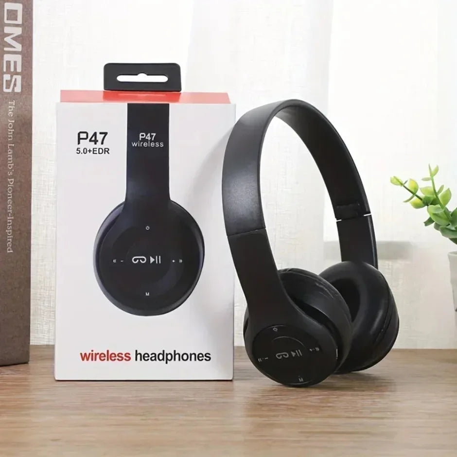 Wireless Bluetooth 5.0 foldable headset with headmount, TF card slot, wired option, black R.E.D. Shopping audio headphone on black background.