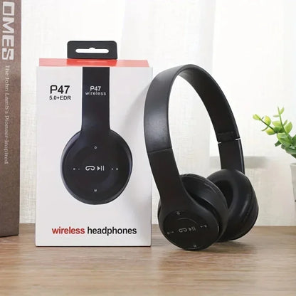 Wireless Bluetooth 5.0 foldable headset with headmount, TF card slot, wired option, black R.E.D. Shopping audio headphone on black background.
