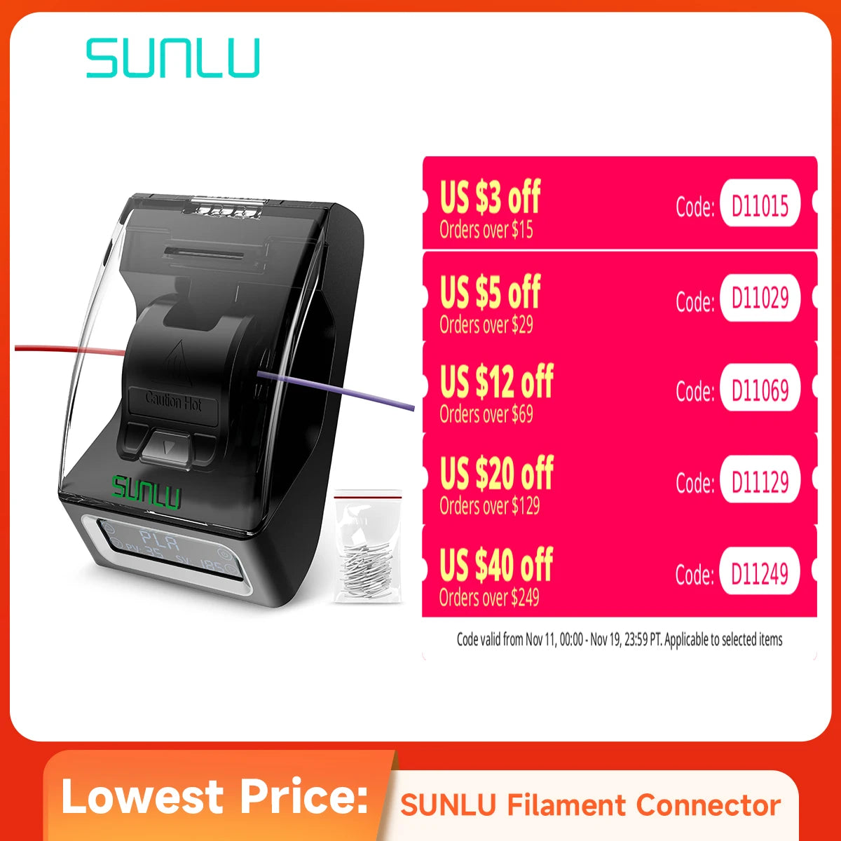 SUNLU Filament Splicer & Connector 1.75mm – 200pcs, PLA/PETG/TPU/ABS/Nylon
