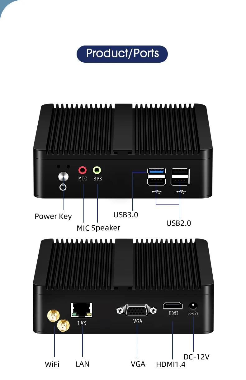 XCY Fanless Mini PC – Intel Celeron J1900, Quad-Core, Gigabit Ethernet, HDMI, VGA, WiFi, Windows/Linux