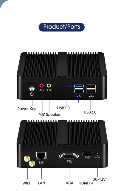 XCY Fanless Mini PC – Intel Celeron J1900, Quad-Core, Gigabit Ethernet, HDMI, VGA, WiFi, Windows/Linux