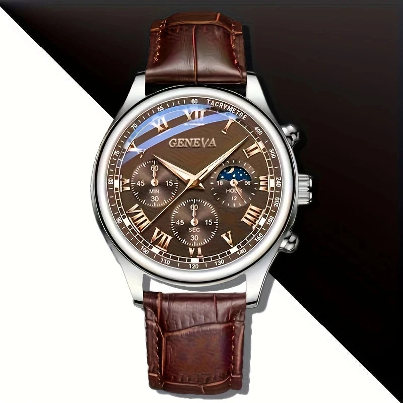 R.E.D. Shopping Geneva men's luxury quartz watch with leather strap, Roman numerals, water-resistant design, stylish accessory.