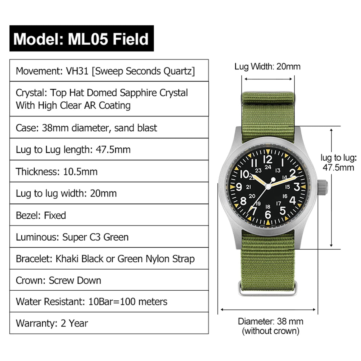 Militado ML05 Vintage Field Watch – 38mm, VH31 Sweep, Sapphire AR Crystal, Luminous