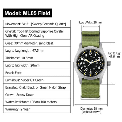 Militado ML05 Vintage Field Watch – 38mm, VH31 Sweep, Sapphire AR Crystal, Luminous