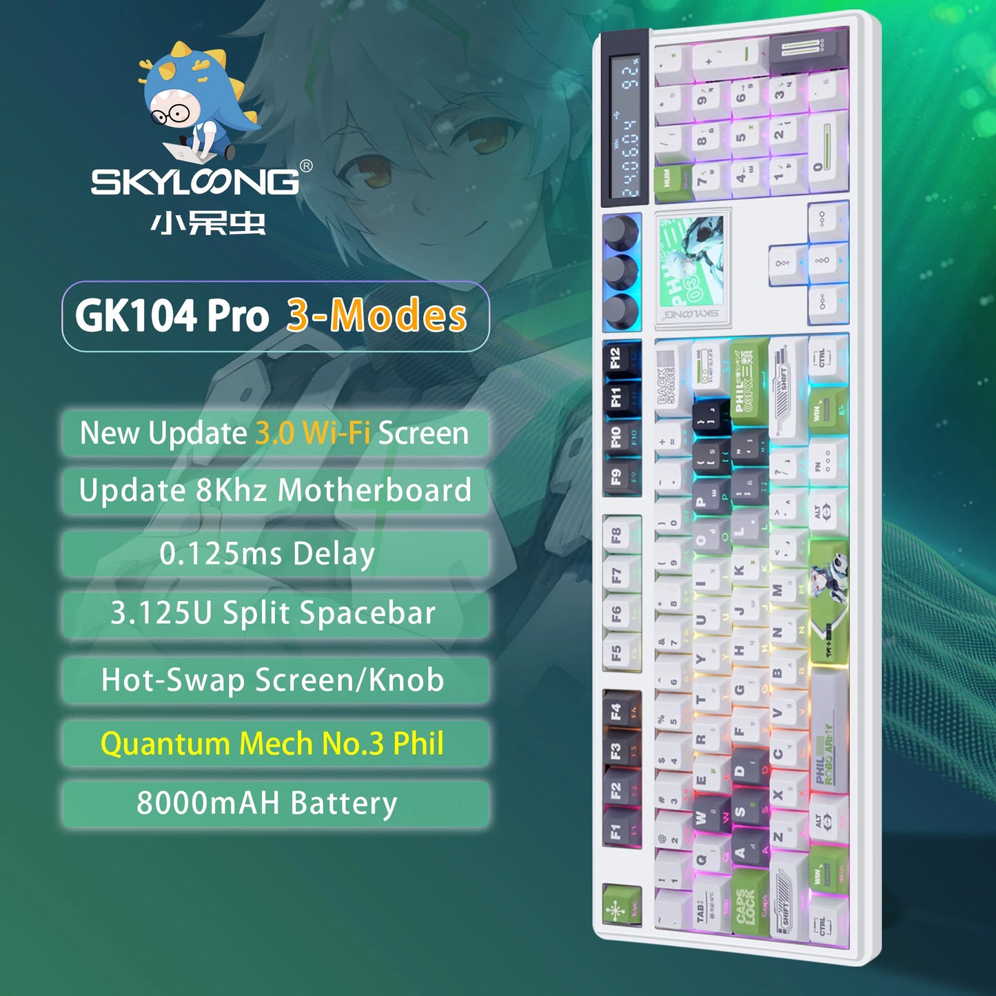 SKYLOONG GK104 Pro Full-Size Wireless Mechanical Keyboard – 104 Key, Hot-Swap, RGB, Macro Knob