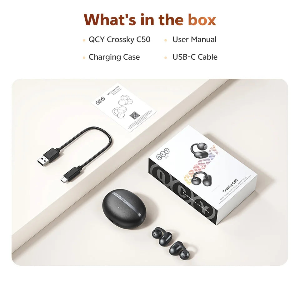 QCY Crossky C50 Open-Ear Clip-On Wireless Earbuds – Bluetooth 6.0, 4 AI Mics, Bass Boost, 60Hrs