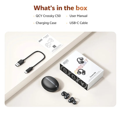 QCY Crossky C50 Open-Ear Clip-On Wireless Earbuds – Bluetooth 6.0, 4 AI Mics, Bass Boost, 60Hrs