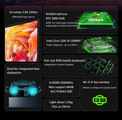 16.1" Gaming Laptop Intel i9-12900H NVIDIA RTX 3060 6G – 2.5K 144Hz RGB Windows 11 WiFi 6