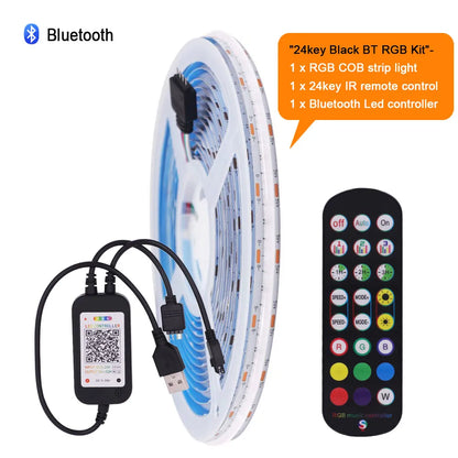WiFi Bluetooth RGB COB LED Strip Light – 576 LEDs, 24/44 Key Remote, Flexible Tape Kit
